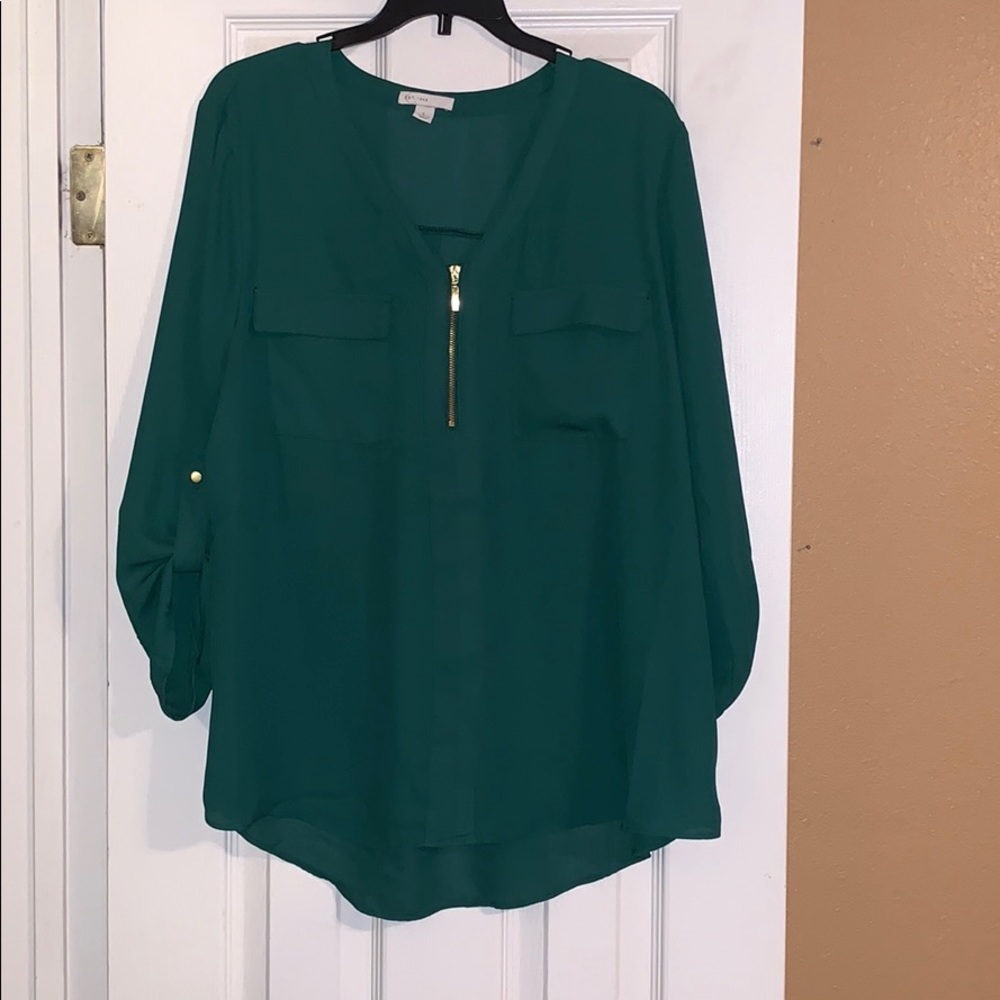 Hunter green zip front blouse